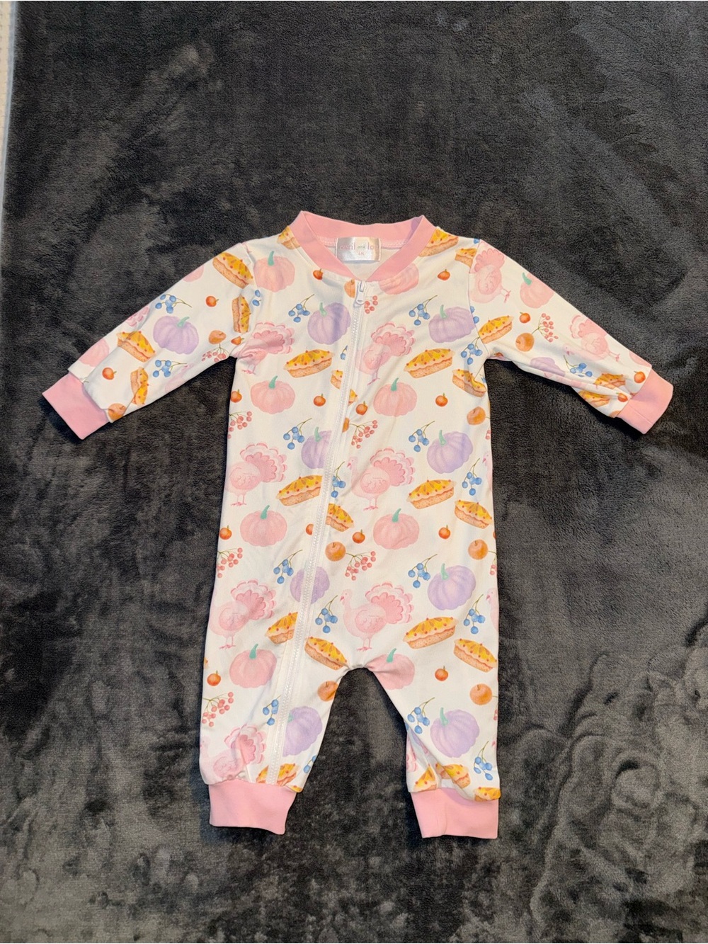 Pink Pumpkin & Pie Print Baby Footie One-Piece
